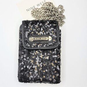 Nine West Black Sequin Crossbody Purse Credit Card Purse Evening Bling Wristlet